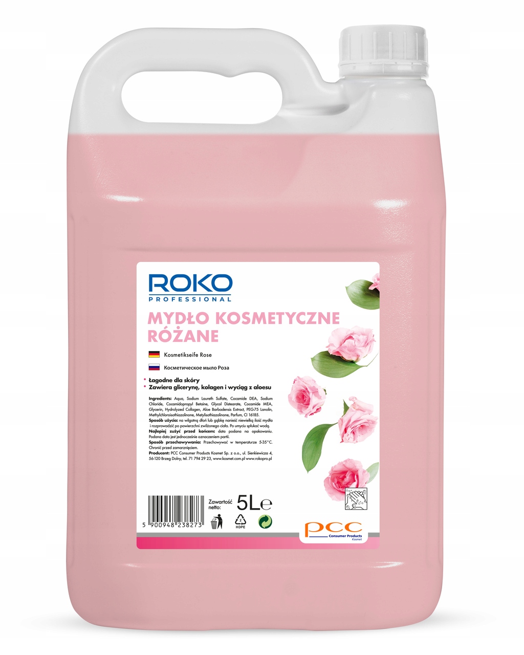 ROKO KREMOWE MYDŁO W PŁYNIE DO RĄK NAWILŻAJĄCE - RÓŻANE - 5L